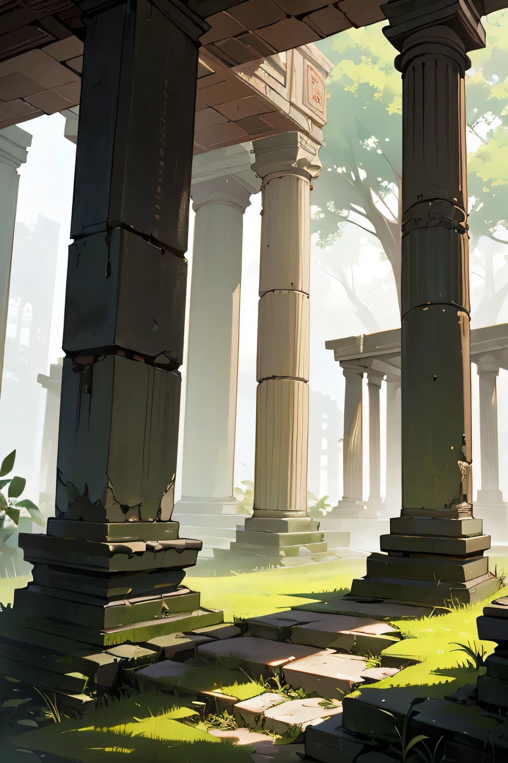 Ruins of an ancient temple, where brick walls, Parts of broken columns and mossy stones tell stories of a forgotten past. The air is filled with the scent of damp earth and wild plants struggling to survive amid crumbling structures..