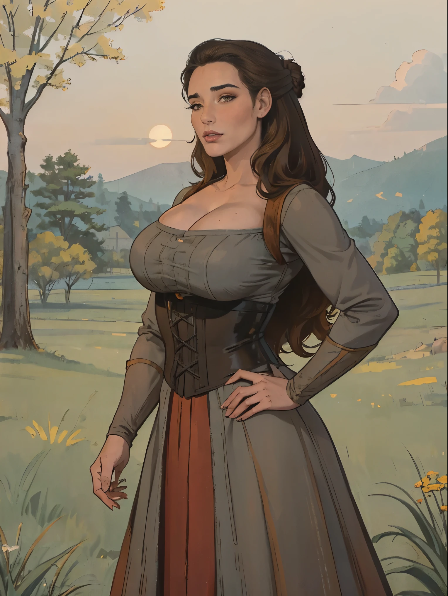 Gorgeous and sultry busty athletic (thin) brunette peasant with sharp facial features wearing a modest updo, medieval hair cover, rough-spun grey and brown medieval dress, long sleeves, wide neck, long dress, tight bodice, corset, Middle Ages, cottage, farm, exterior, trees, countryside, evening, sunset.