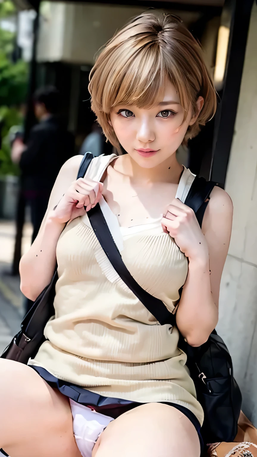 (Girl sitting on bench in Tokyo street:1.2、Sitting on a bench on a street corner)、((Black T-shirt、(White pleated skirt:1.2)、White socks、sneakers、Spread your legs、Detailed floral panties)、(Sports Bags、The strap of the bag passes between the chest、paisla:1.5)、(Realistic、Like a photograph、Live Action、8k, Realistic, RAW Photos, Best image quality: 1.4), Single-lens reflex camera、RAW Photos, Highest quality, Realistic, Highly detailed CG Unity 8k wallpaper, Written boundary depth, Cinematic Light, Lens flare, Ray Tracing, Realistic background、((Ultra-Dense Skin))、 15 year old girl after school,Cute white gal、(whole body:1.5)、Very detailedな顔,Shy expression、avert your eyes:1.1、(Blonde、short hair:1.2、Shortcuty hair is blowing in the wind:1.4)、I like that style、stylish、Very detailed、Pay attention to the details、Perfect outfit、(White skin)、Front view、Accurate hands、Accurate legs、Detailed hands and fingers、Anatomically correct body、Thin legs、Thin thighs、Small breasts、Super detailed face