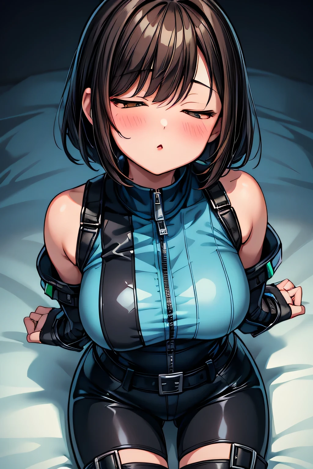 Amazing portrait of a Japanese age girl with short brown hair with left-parted bangs and brown eyes wearing a light blue high-collared sleeveless zip-up jumpsuit with black side paneling and a black swallow design on the back which is unzipped down to her torso showing a blue crop top underneath and the jumpsuit is adorned with a black two-pronged belt with green stars with black, blue, and purple armored boots with three green stars around the cuff over dark blue and light blue ribbed and striped socks with  elbow-length armored blue light blue and gray gauntlets with puffy black banded white cuffs above her white fingerless gloves over which gauntlets are blue knuckle guards and elbow guards also wearing leg guards over her boots.