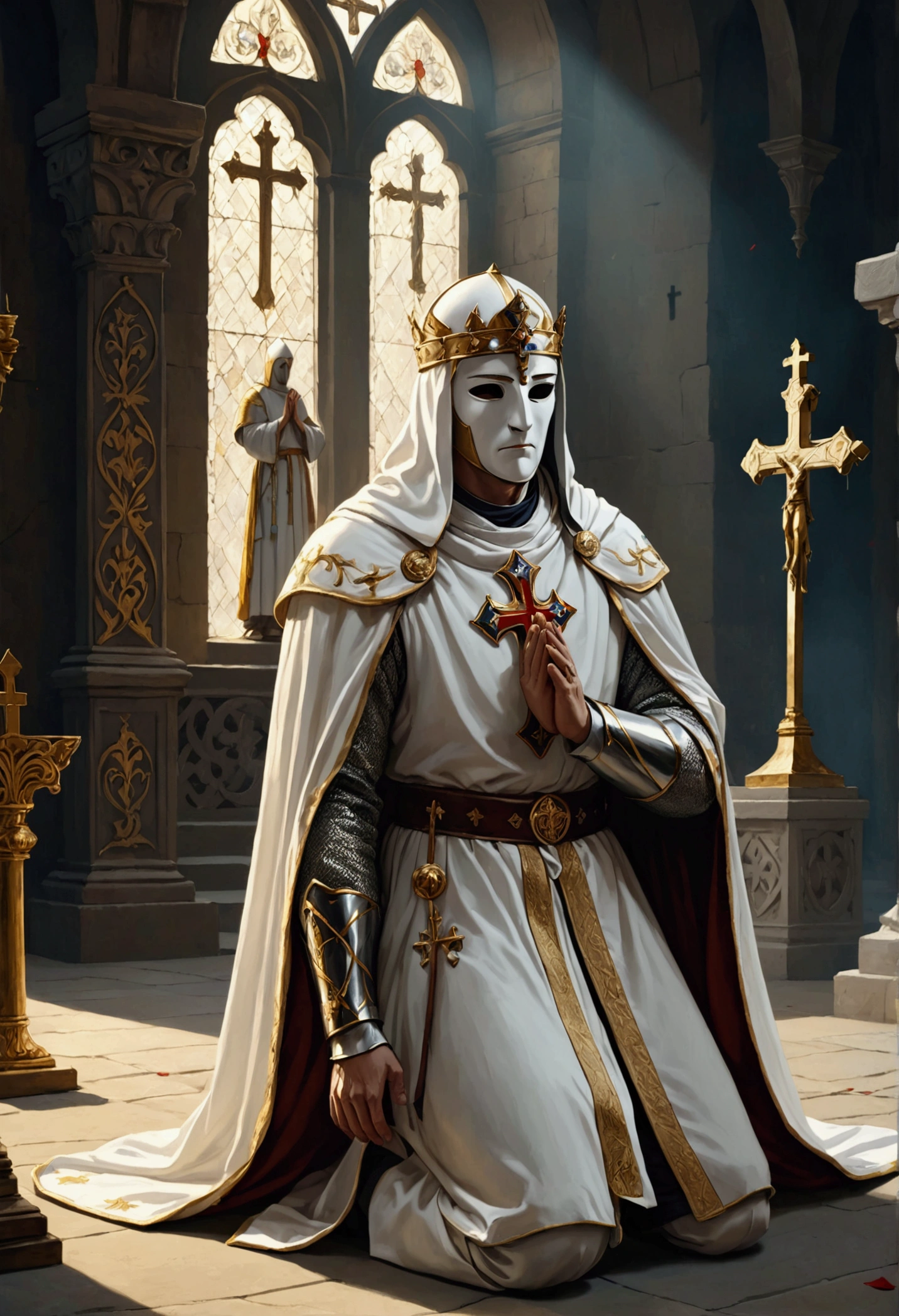 "A detailed image of Baldwin IV kneeling and praying before the battle. The scene depicts him alone in a quiet moment, with the True Cross in front of him, asking God for victory. He is wearing his silver mask and royal white robes."
Size: "1024x1024"