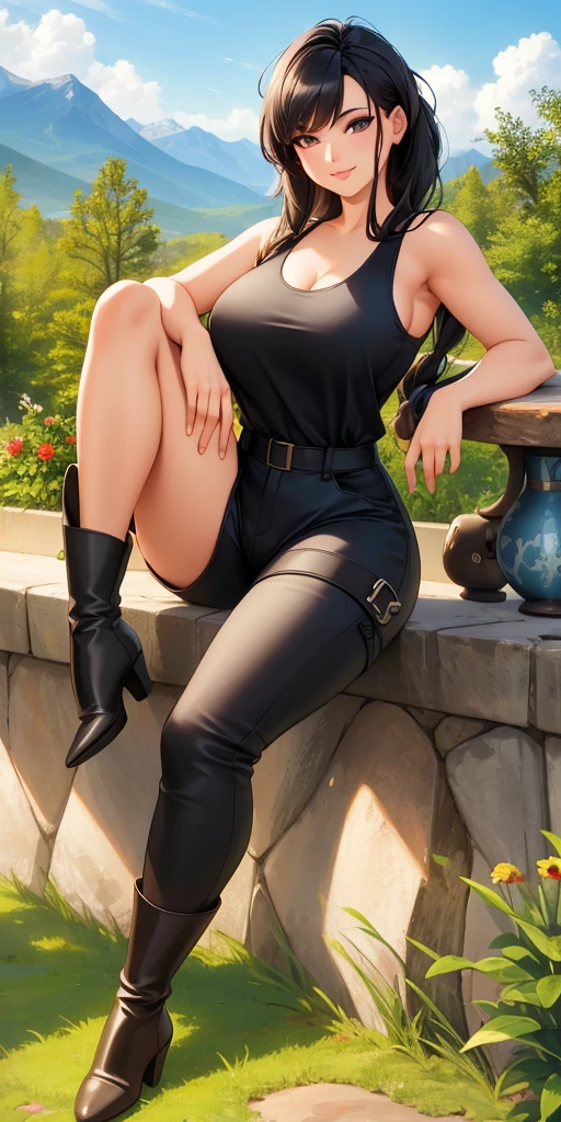 best quality, ultra-detailed, photorealistic: 1.39) masterpiece, best quality, Beautiful trees, rocky mountain top, flowers, black hair, shy smile, making a shy expression, stylish hairstyle, on the road, adventurer clothes, jumpsuit, tank top and ankle boots