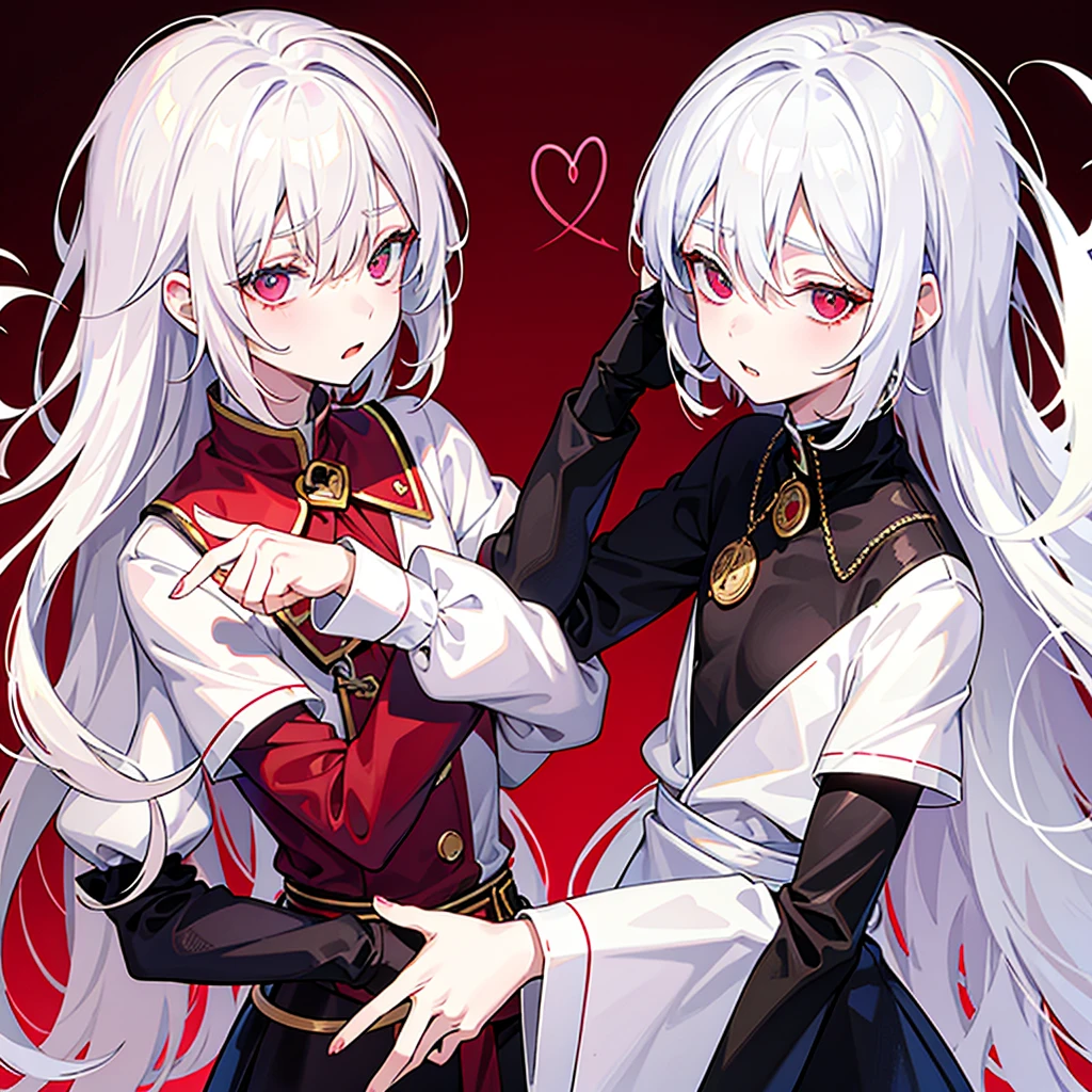 White hair, short and long, pretty boy, cute, soft, androgynous, white left eye, red right eye, love, fleeting, unrequited love, solo, alone, pale, little devil Pink background