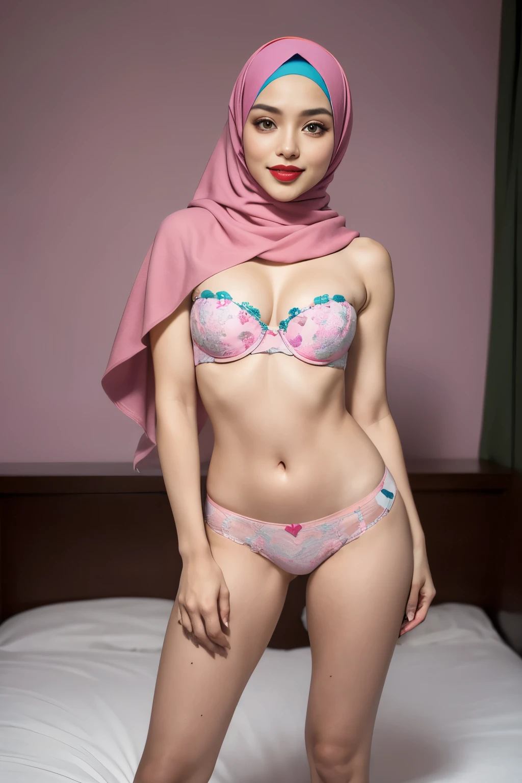 (((Decorated blue HIJAB))), close up (Happy smile), (((HIJAB mexican female))), masutepiece, High quality, UHD 32K, Realistic face, Realistic skin feeling ,  a thin Lady, 20 years old, , , (((big CHEST))), (daylight bedroom), ((look In front  at the camera)), (((yellow))), (((hot mexican)), ((PINK LIPS)), ((hearts Pattern)) little wearing strapless bra, strapless colorful bra, bright background , bedroom, horror scary place (front view ) standing seductive pose (tight panties) (full body), robust chest, small bra