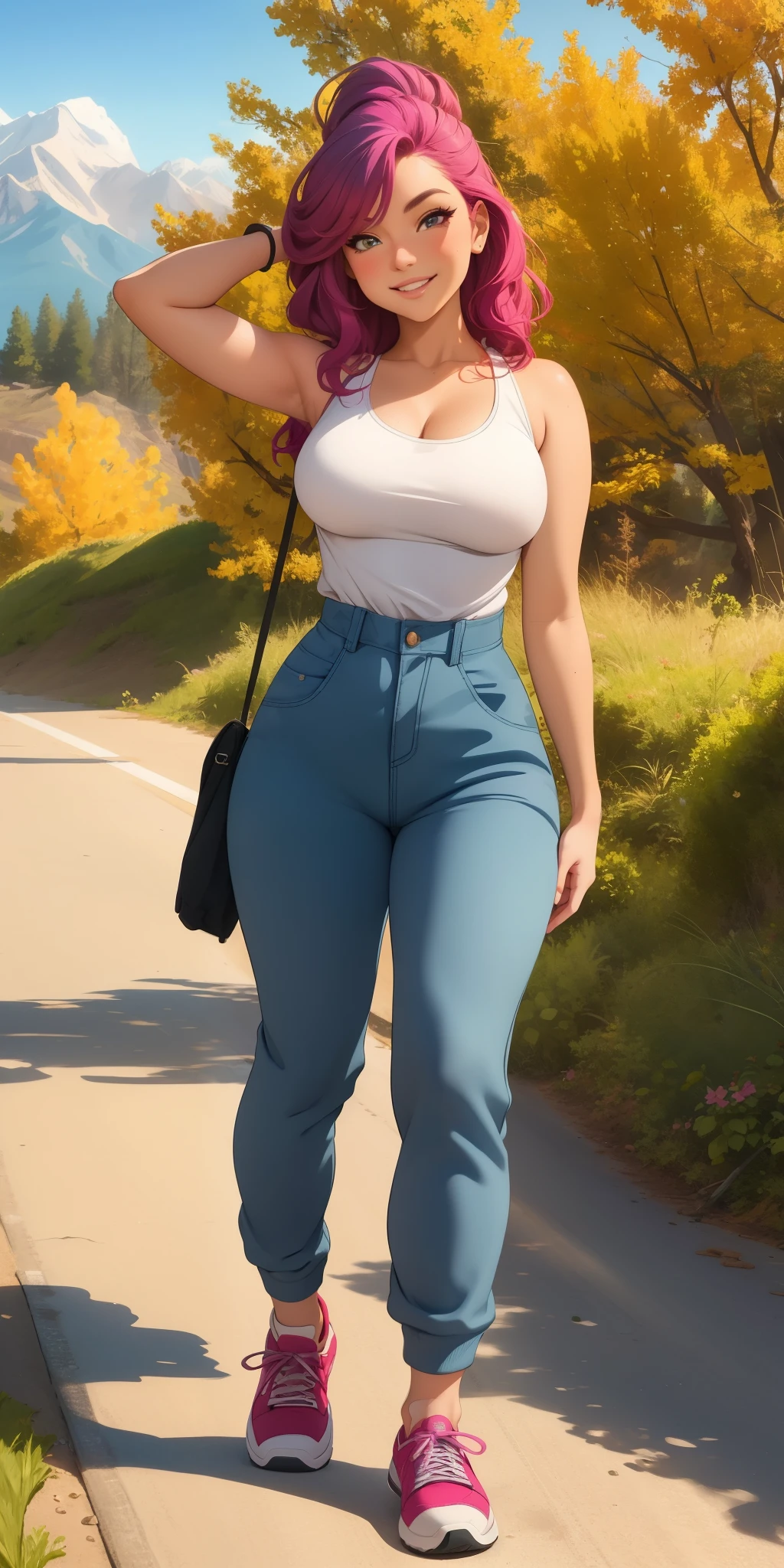 best quality, ultra-detailed, photorealistic: 1.39) masterpiece, best quality, Beautiful trees, rocky mountain, flowers, magenta hair, shy smile, making a shy expression, stylish hairstyle, on the road, adventurer clothes, jumpsuit, tank top and beautiful women's sneakers