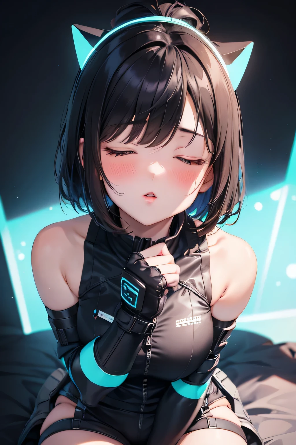 Amazing portrait of a Japanese age girl with short brown hair with left-parted bangs and brown eyes wearing a light blue high-collared sleeveless zip-up jumpsuit with black side paneling and a black swallow design on the back which is unzipped down to her torso showing a blue crop top underneath and the jumpsuit is adorned with a black two-pronged belt with green stars with black, blue, and purple armored boots with three green stars around the cuff over dark blue and light blue ribbed and striped socks with elbow-length armored blue light blue and gray gauntlets with puffy black banded white cuffs above her white fingerless gloves over which gauntlets are blue knuckle guards and elbow guards also wearing leg guards over her boots.