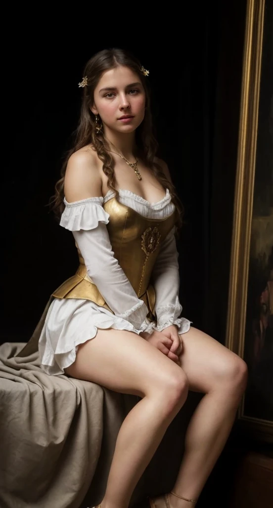 portrait, girl, middle ages, classicism, andrey atroshenko style, painting, traditional media, realistic, figurative, fine art, oil on canvas, HDR, 8K, original character, high resolution, high detail, focus on the face, hands on display, Beautiful Hands, SHOWING HANDS, HANDS ON LAP, hands on legs, HANDS RESTED ON THIGHS, HANDS RESTING ON LEGS, COXAS GROSSAS, PERNAS LONGAS, JOVEM DONZELA, WHITE SKIN GIRL, PLELE CLARA, DONZELA EUROPEIA, WHITE GIRL.