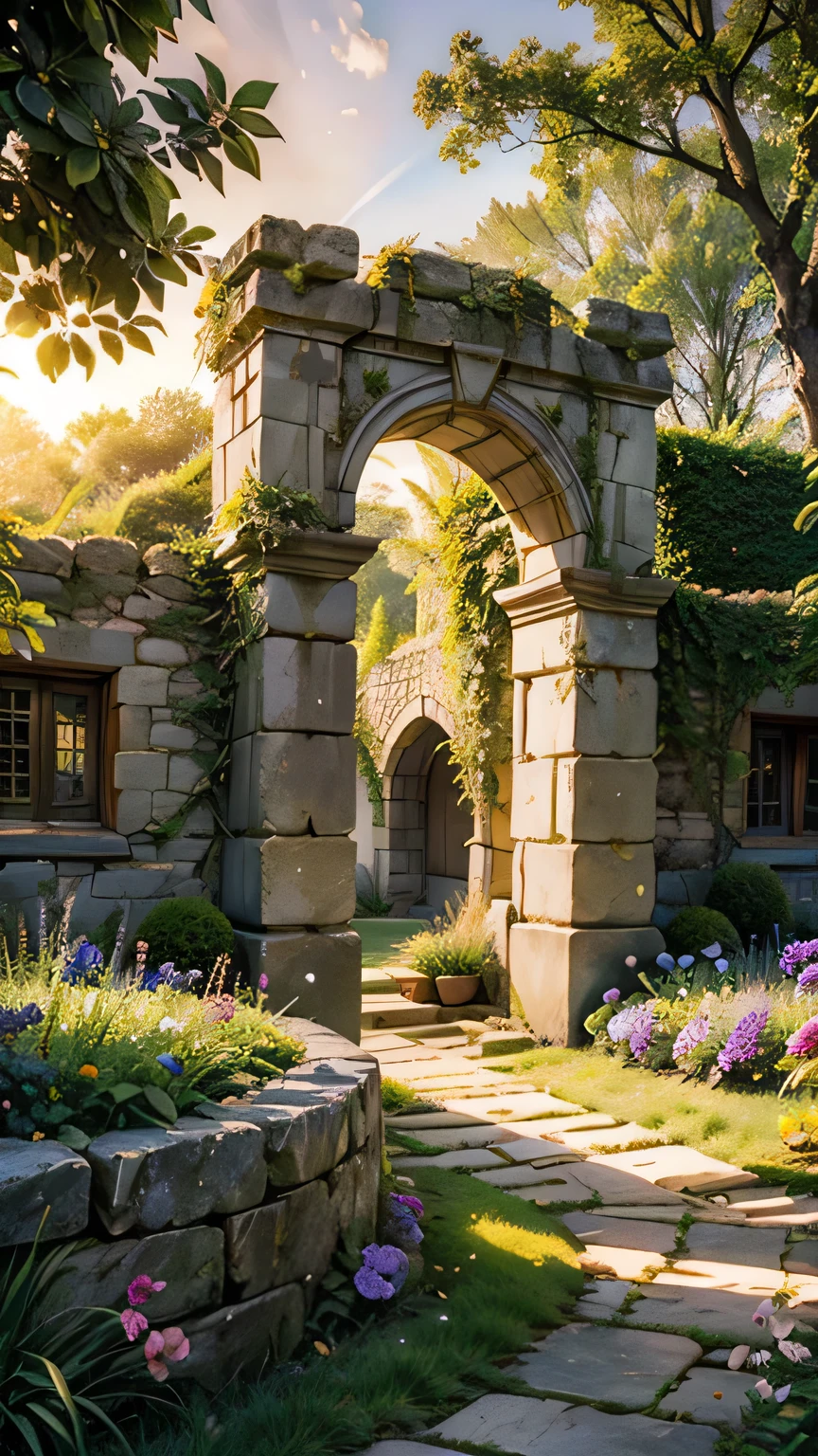 centred straight view of a stone castle archway into a garden,sunrise and sunbeams,hazy,plants flowers shrubs trees,fantasy,extreme details,photorealistic,4k,HD,beautiful,nature,centre straight view,direct flat view,
