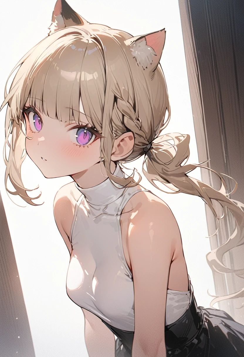 ((masterpiece,High resolution,Highest quality))
(21 years old,One Fair-skinned woman,Very small waist,Medium breasts)(erection atmosphere,Emotionless,Seductive eyes)
(ash blonde hair tied into a low, thin ponytail which extends down her back. She has blunt bangs swept to her left, a short braid along the right side of her head, and two sections of hair which frame her face, curling inwards towards her chin,Cat Ears,Violet eyes,Sharp Eyes)
(White Turtleneck,Black Skirt,in a campus)