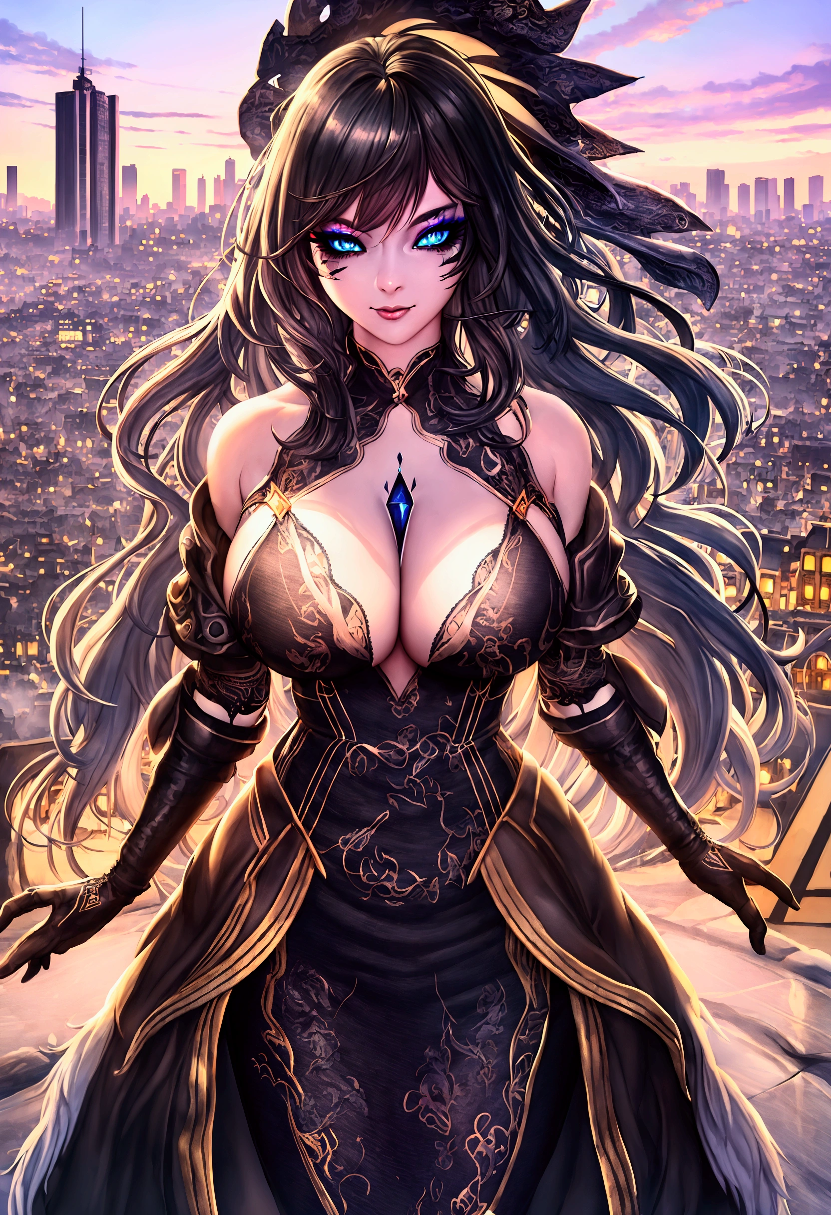 (extremely detailed CG unity 8k wallpaper),(masterpiece), (best quality), (ultra-detailed), (best illustration),(best shadow), cowboy shot, (sharp eyeliner, eyeshadow, detailed eyes:1.1), (city background:1.2),