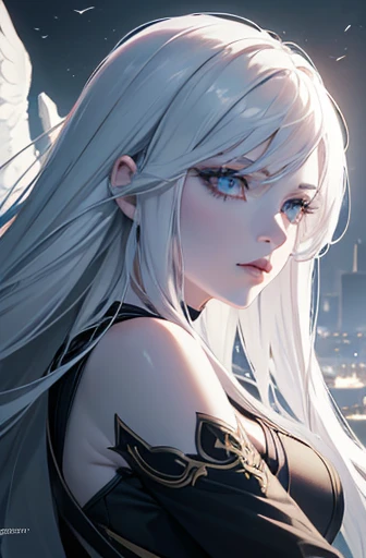 A superhero woman in a stylized black costume, angel wings, a mask covering her face, white hair, pale skin, and light-colored eyes, (best quality,4k,8k,highres,masterpiece:1.2),ultra-detailed,(realistic,photorealistic,photo-realistic:1.37),1girl,beautiful detailed eyes,beautiful detailed lips,extremely detailed eyes and face,longeyelashes,dramatic lighting,cinematic,dark moody atmosphere,intricate detailed costume,angelic wings,white hair,pale skin,light eyes,heroic pose,dynamic action,cinematic camera angle