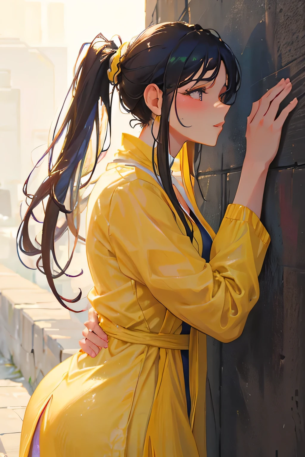 Amazing portrait of a sexy woman with her hair tied back in a low ponytail as she gazes at us seductively with her perfect lips parted for a kiss as she's pinned against the wall wearing a yellow kurta with floral embroidery