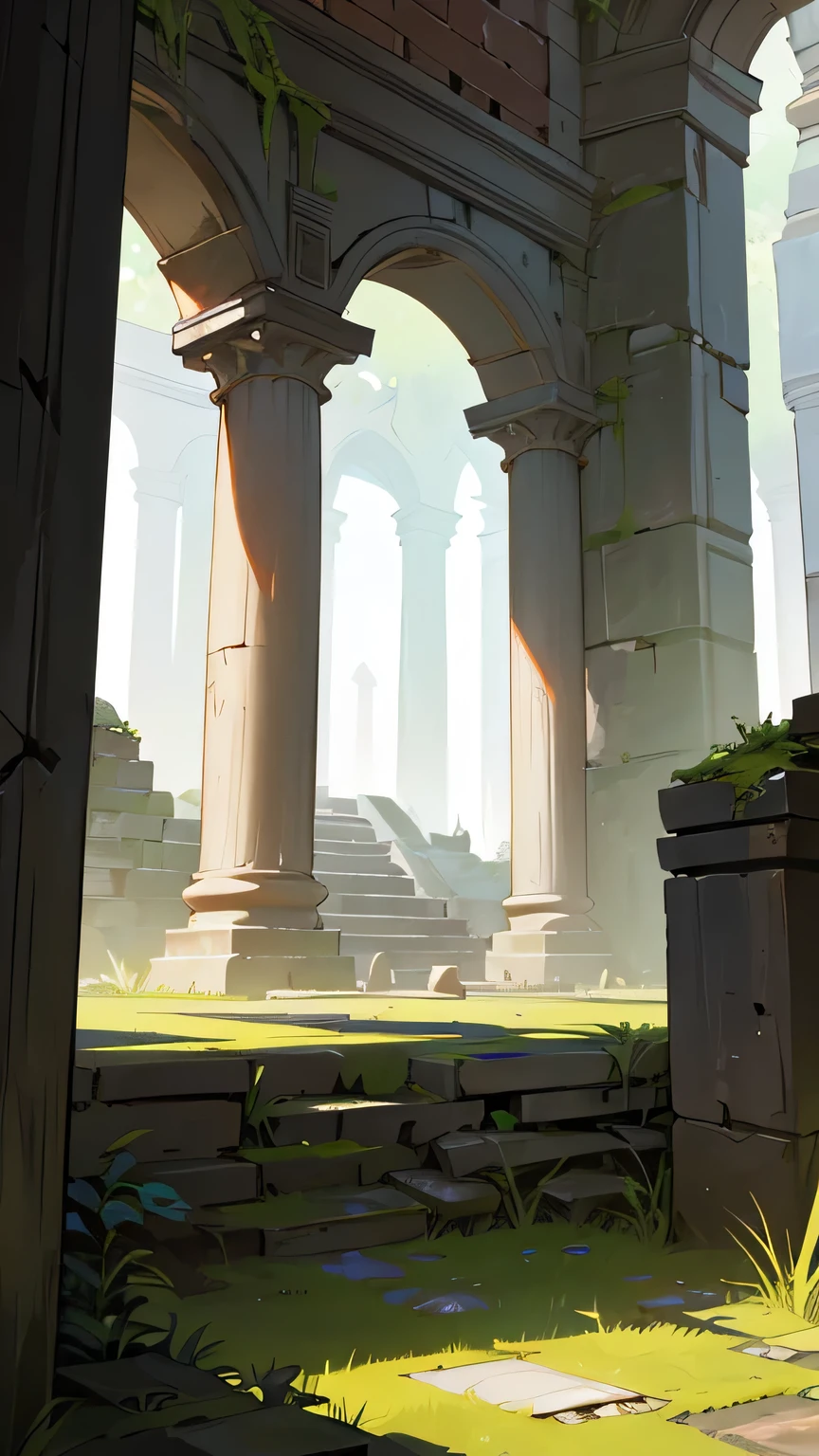 View of the entrance to the ruins of an ancient temple, where brick walls, Parts of broken columns and mossy stones tell stories of a forgotten past. The air is filled with the scent of damp earth and wild plants struggling to survive amid crumbling structures..