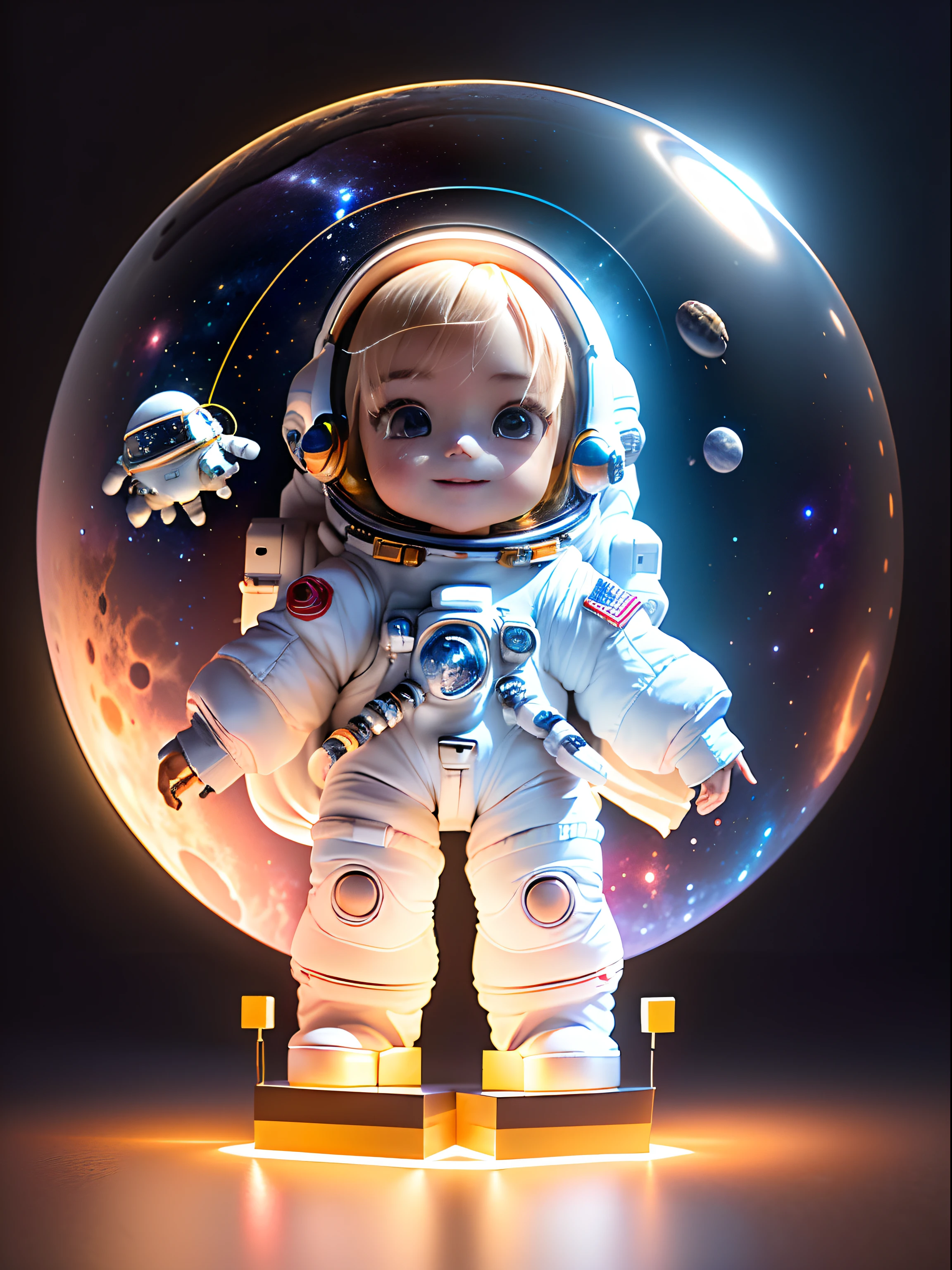 Super cute girl full body 3D picture, 1 Piece, good looking eyes, Big eyes, cute, be happy, C4D, Blind Pop Matt Box, long white hair, glowing bubbles, toy, solid color background, chibi, Fluorescent opacity, Luminous body, cute, doll, (((pilot, space suit))), Reference table, Pop Mart Blind Box, pixar, complicated details, 3D rendering, mixer, OC renderer, Reference Fol Body, Raising children, Highly detailed, 8ก, studio lighting, change, small, , chibi, SD characters: 1.1, Magic space warehouse background