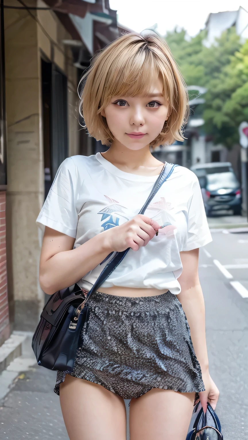 (Girl standing on Tokyo street:1.2、Meet at a street corner、Leaning against a wall)、((Black T-shirt、(White pleated skirt:1.2)、White socks、sneakers、Spread your legs、Detailed floral panties)、(Sports Bags、The strap of the bag passes between the chest、paisla:1.5)、(Realistic、Like a photograph、Live Action、8k, Realistic, RAW Photos, Best image quality: 1.4), Single-lens reflex camera、RAW Photos, Highest quality, Realistic, Highly detailed CG Unity 8k wallpaper, Written boundary depth, Cinematic Light, Lens flare, Ray Tracing, Realistic background、((Ultra-Dense Skin))、 15 year old girl after school,Cute white gal、(whole body:1.5)、Very detailedな顔，Shy expression、avert your eyes:1.1、(Blonde、short hair:1.2、Shortcuty hair is blowing in the wind:1.4)、I like that style、stylish、Very detailed、Pay attention to the details、Perfect outfit、(White skin)、View from below、Accurate hands、Accurate legs、Detailed hands and fingers、Anatomically correct body、Thin legs、Thin thighs、Small breasts、Super detailed face