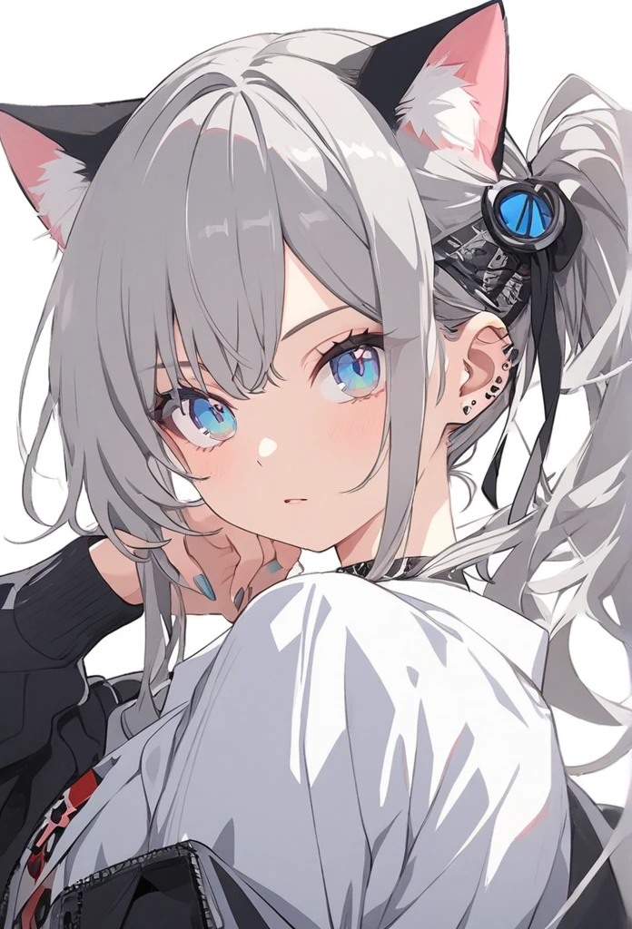 Gray Hair,long,Light blue eyes,Cat ear,cool,cool