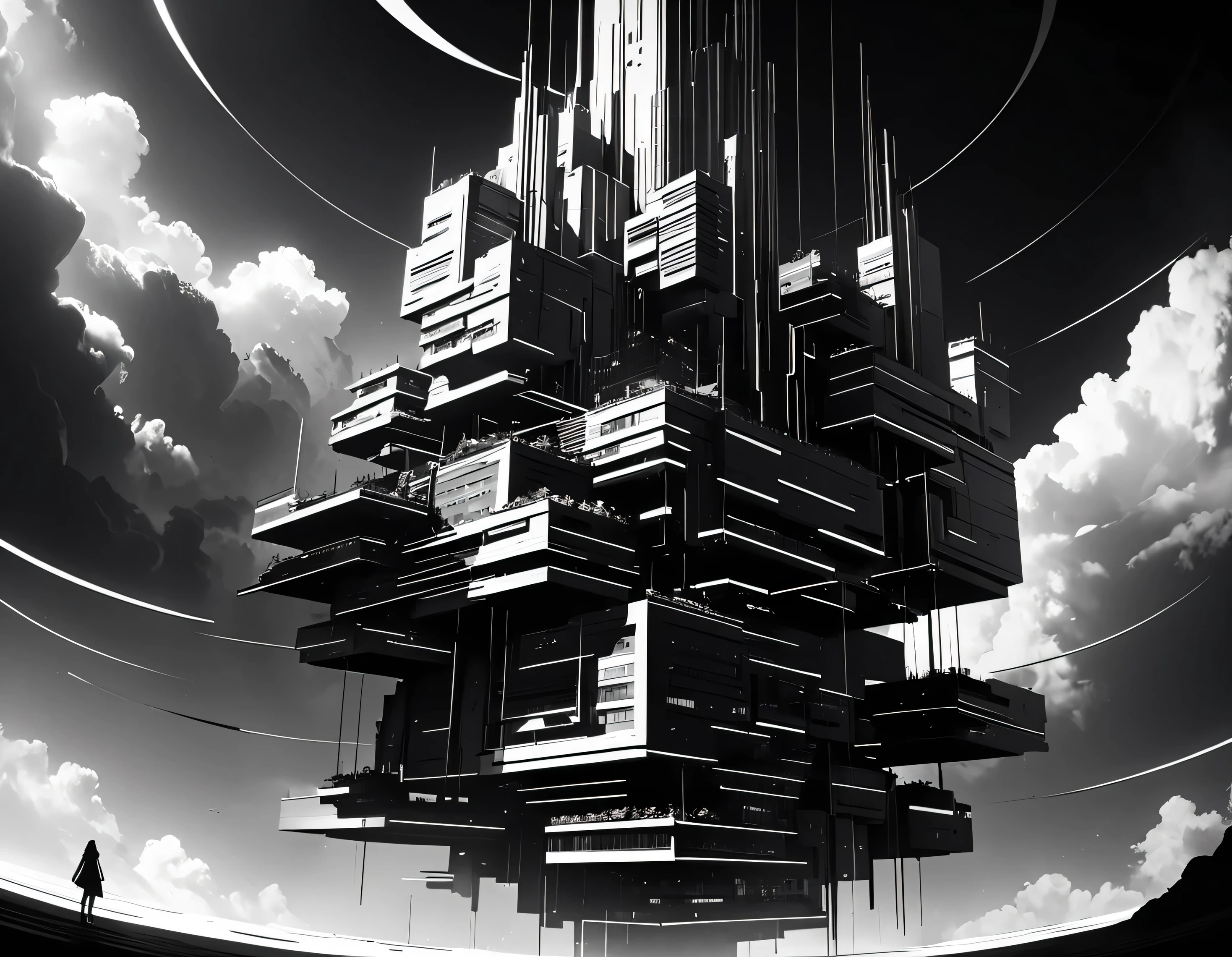 surreal floating city, black and white, high contrast, minimalist, clean lines, geometric architecture, abstract, moody, dramatic lighting, cinematic, atmospheric, dynamic composition, striking visuals, masterpiece, (best quality,4k,8k,highres,masterpiece:1.2), logo simple sin mucho detalles