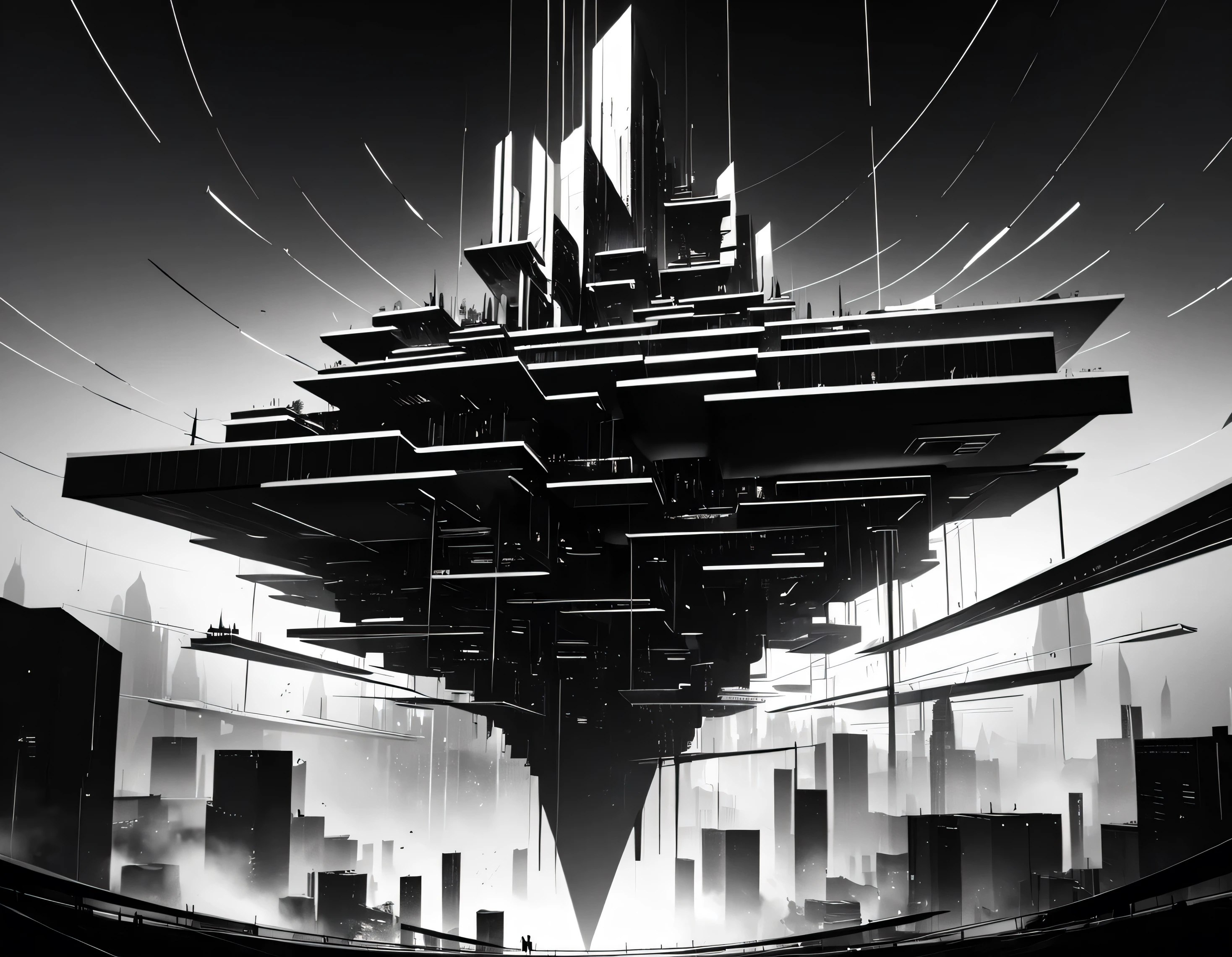 surreal floating city, black and white, high contrast, minimalist, clean lines, geometric architecture, abstract, moody, dramatic lighting, cinematic, atmospheric, dynamic composition, striking visuals, masterpiece, (best quality,4k,8k,highres,masterpiece:1.2), logo simple sin mucho detalles
