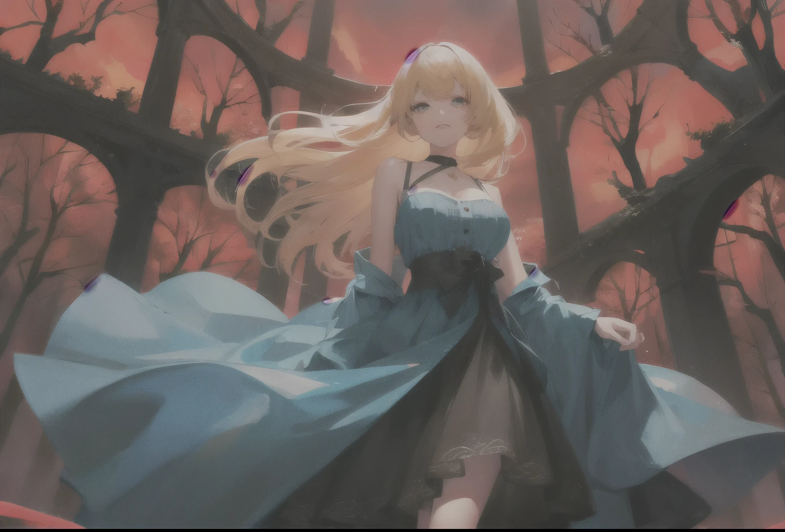 Young woman, blonde, Blue dress, Black Forest, Ebony Trees, Red Sky
