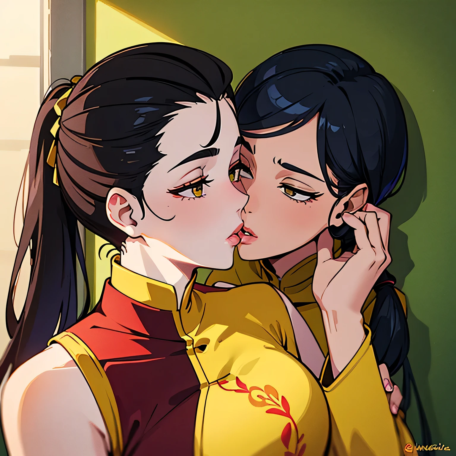 Amazing portrait of a sexy woman with her hair tied back in a low ponytail as she gazes at us seductively with her perfect lips parted for a kiss as she's pinned against the wall wearing a yellow kurta with floral embroidery