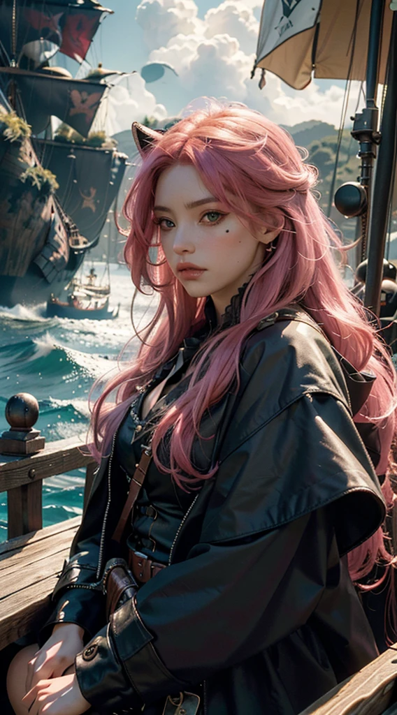 1girl, solo, long pink hair, green eyes, cat ears, skull hair pin, pirate clothes, deck of pirate ship, dynamic lighting, (best quality,4k,8k,highres,masterpiece:1.2),ultra-detailed,(realistic,photorealistic,photo-realistic:1.37),extremely detailed eyes and face,longeyelashes,detailed intricate pirate ship,moody lighting,dramatic lighting,cinematic lighting,volumetric lighting,vibrant colors,lush environment,ocean background