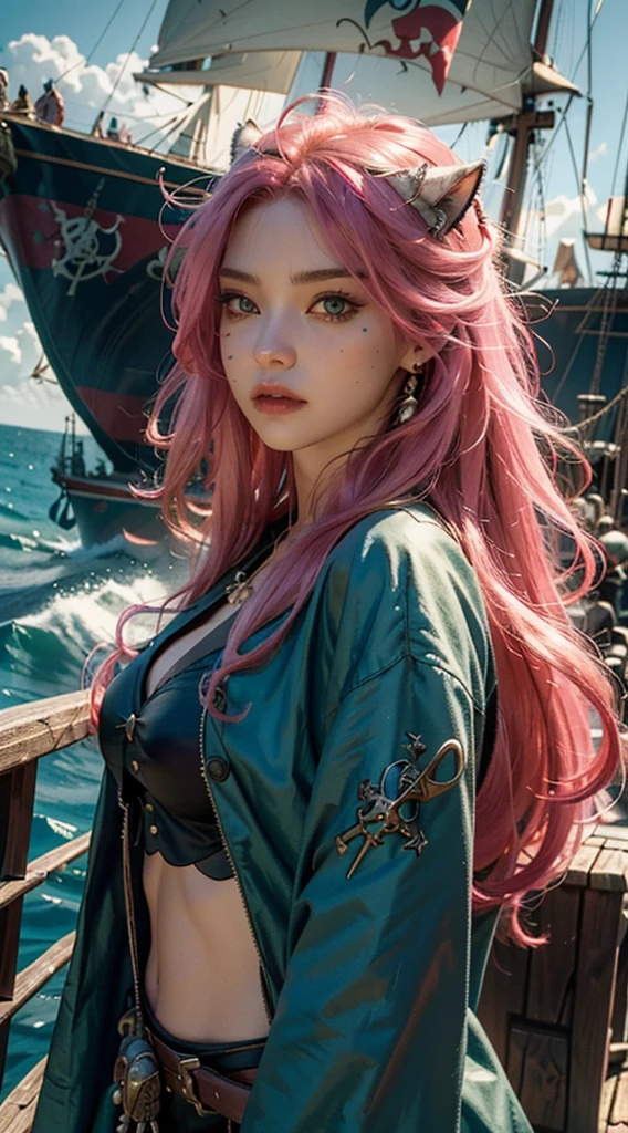 1girl, solo, long pink hair, green eyes, cat ears, skull hair pin, pirate clothes, deck of pirate ship, dynamic lighting, (best quality,4k,8k,highres,masterpiece:1.2),ultra-detailed,(realistic,photorealistic,photo-realistic:1.37),extremely detailed eyes and face,longeyelashes,detailed intricate pirate ship,moody lighting,dramatic lighting,cinematic lighting,volumetric lighting,vibrant colors,lush environment,ocean background