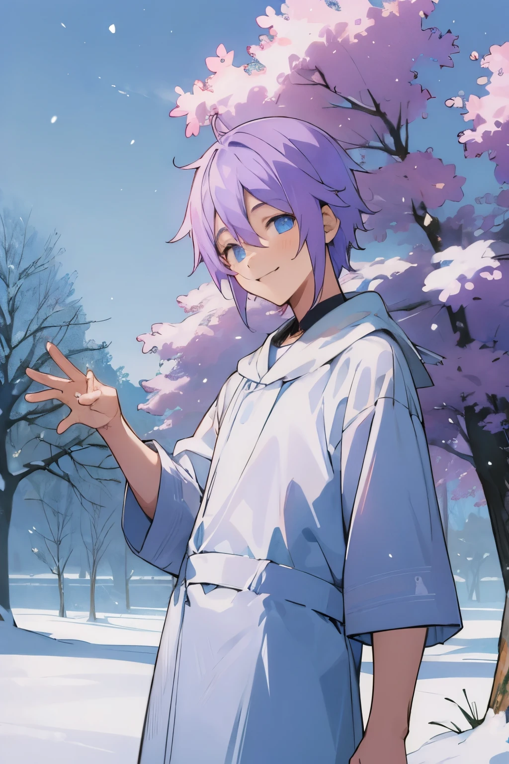 A boy, man, short lilac hair, blue eyes, smiling, looking at the screen, waving with your hand, as a background in a snowy landscape with trees and houses, vestido con una yukata de man.