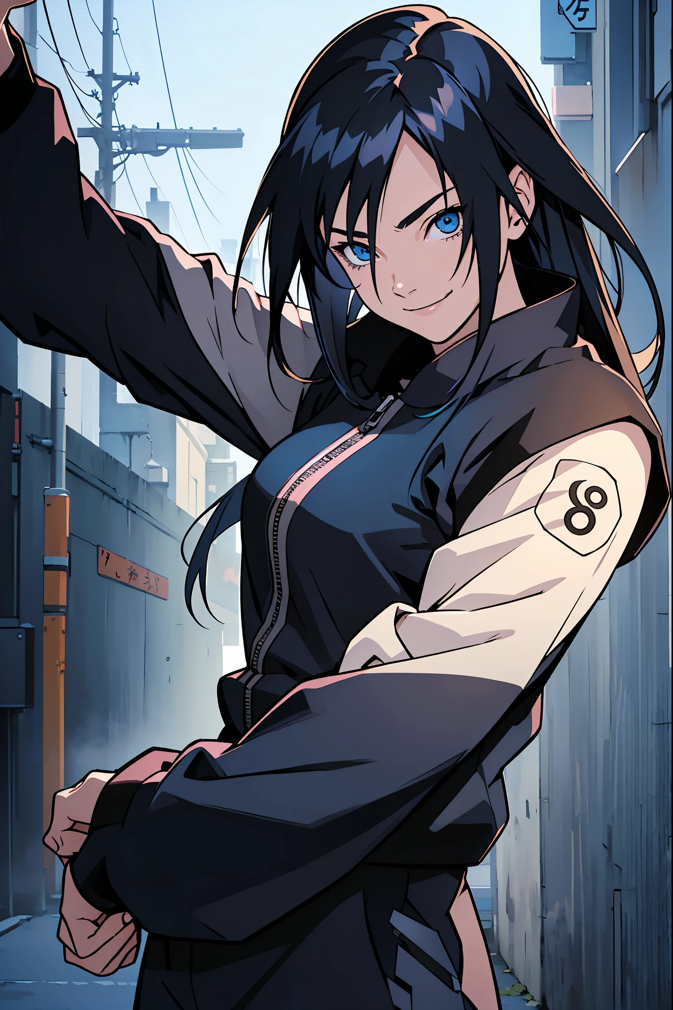 masterpiece , a girl , black very long hair , blue eyes , gradient , perfect figure , ( techwear:1.2) , naruto anime olace , naruto city, lite smile , detailed face ,, , (8k, best quality 1.2), ultra-detailed, 8k uhd,, soft lighting, high quality, film grain, beautiful lighting,, (cinematic:1.4) ,perfect body , best illumination, best shadow, sharpness, contrast,