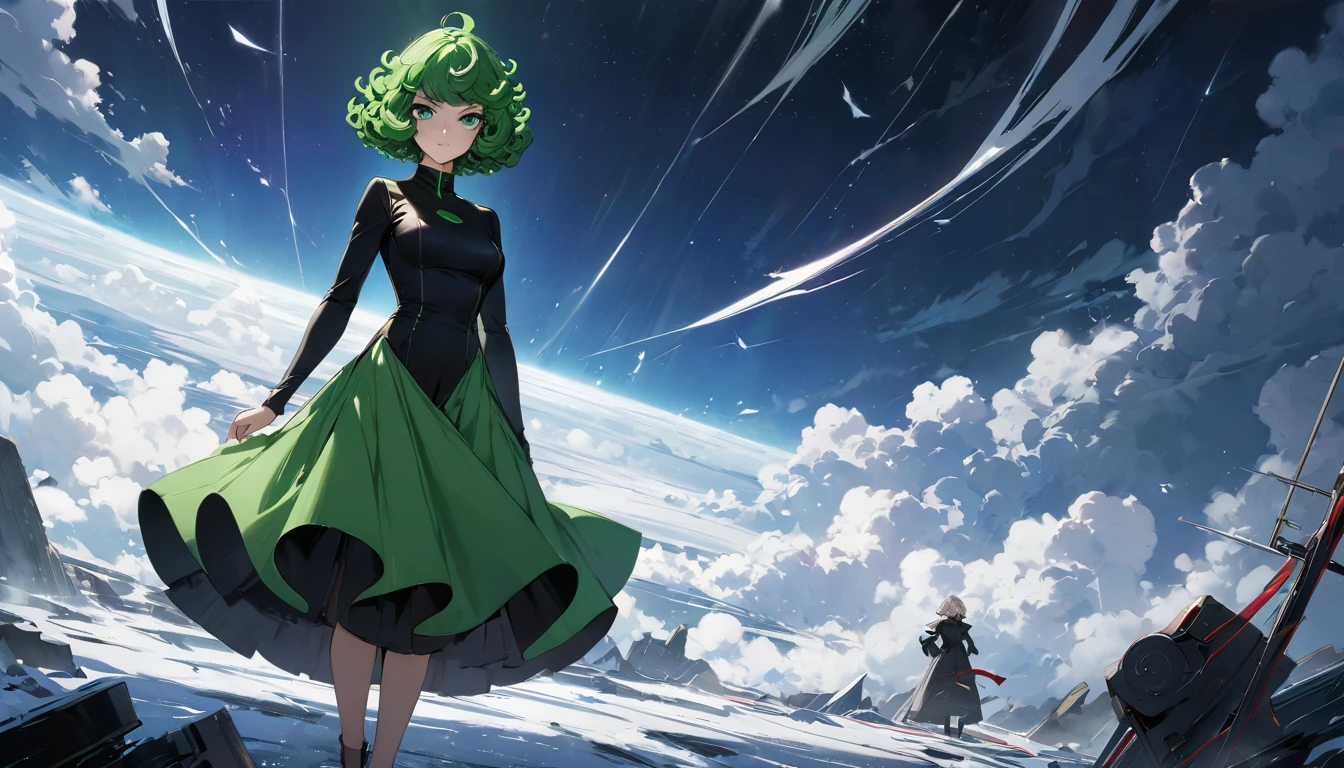 (Masterpiece artwork, best qualityer:1.2), standing alone, 1 girl, tatsumaki, it&#39;s not funny, mouth shut, looking a viewer, Session, He was wearing black dress, thicc thighs, wide thicc thighs,