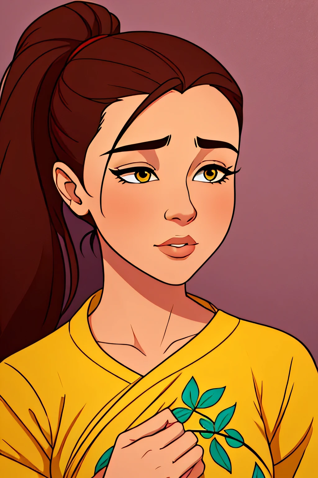 Amazing portrait of a sexy woman with her hair tied back in a low ponytail as she gazes at us seductively with her perfect lips parted for a kiss as she's pinned against the wall wearing a yellow kurta with floral embroidery