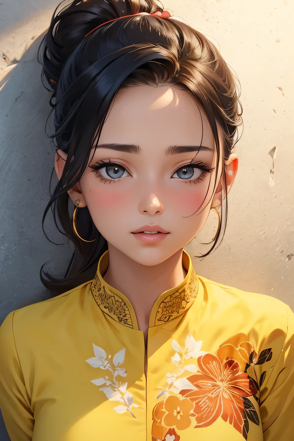 Amazing portrait of a sexy woman with her hair tied back in a low ponytail as she gazes at us seductively with her perfect lips parted for a kiss as she's pinned against the wall wearing a yellow kurta with floral embroidery