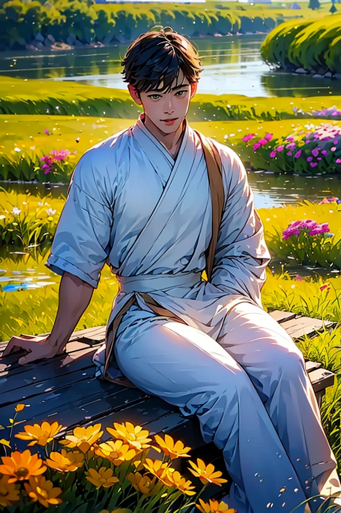 (in 8K、top-quality、​masterpiece:1.2)、1 boy、short-haired、Hair short、Brown-skinned、Green View、