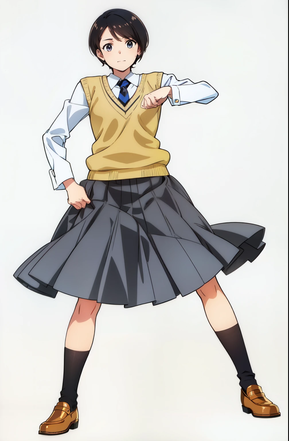 (white background:1.0), (best quality:1.0), (masterpiece:1.0), (super fine illustration:1.0), (beautiful artwork:1.0), (anime screencap:1.0), (official art:1.0), (solo:1.0), (a 18yo cute girl:1.0), (long skirt:1.0), (gray skirt:1.0), (pleated skirt:1.0), (khaki knit vest:1.0), (white long sleeve collared shirt:1.0), (dark blue necktie:1.0), (loafers:1.0), (black socks:1.0), (ideal ratio body proportions:1.0), (lanky:1.0), (tall:1.0), (slender:1.0), (small breasts:1.0), (smaller face:1.0), (freckles:1.0), (detailed beautiful eyes:1.0), (detailed beautiful face:1.0), (glowing black eyes:1.0), (very short hair:1.0), (swept bangs:1.0), (black hair:1.0), (standing:1.0), (looking at viewer:1.0)