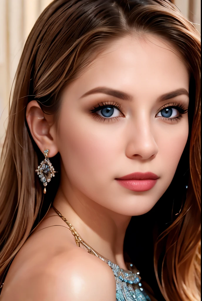 (masterpiece, Best Quality), intricate details, realist, photorealist, Instagram Photo of a woman wearing aretes, Mary R., inspired by Emma Andijewska, wrapped in crystals, silver color, long aretes, sandra chevier, huge earrings, 2019, Blue-eyed, platinum jewelry, arete, impeccable structure, silver arete,  