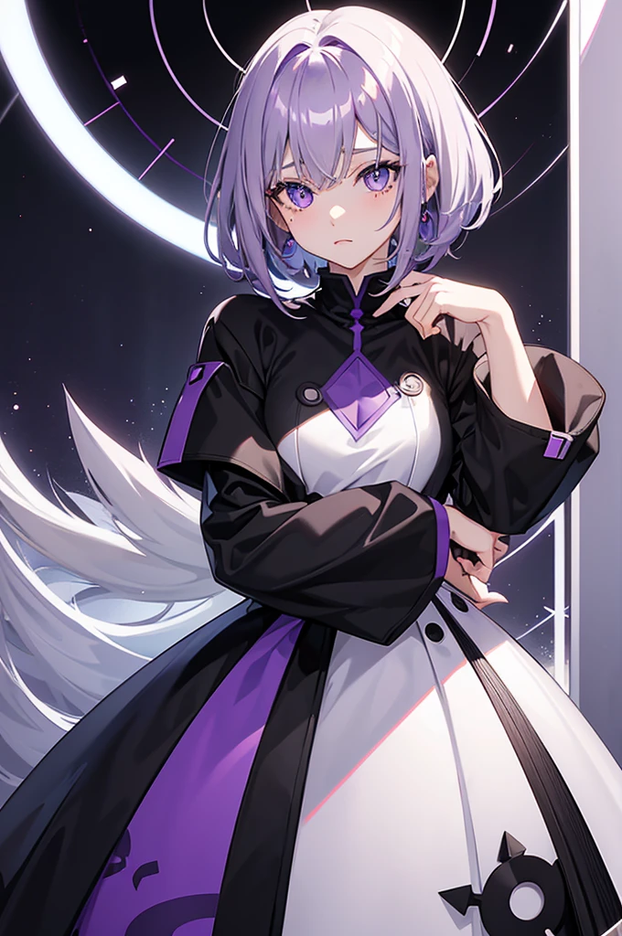 An anime girl with matte dark purple hair, almost white light gray eyes., a layered haircut that has bangs that cover his left eye completely, who has a mole above his lip and another mole below his eye. Who wears a short black top. (the background is a purple gamer room)
