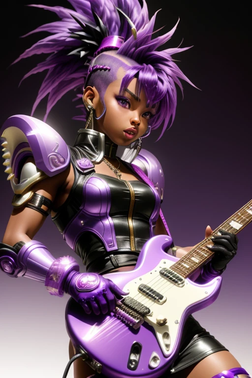 Saint Seiya,1 African American girl,purple Mohawk,Gradient,Gradient background,solo,1 girl,bow,Gloves,purple Mohawk,Fantastic girl,solo , electric guitar in hand, Rockstar, singing into a mic.