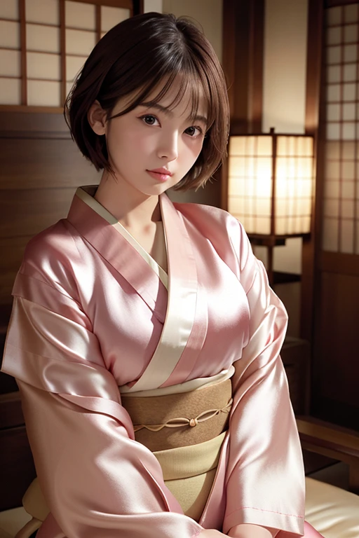 Highest quality, Face Focus, Soft Light, (Written boundary depth) ,Ultra-high resolution, (Realistic:1.4), RAW Photos, (from before) 1 Japanese girl, alone, cute, (Brown eyes), Beautiful face in every detail, (short_hair ), (Silk kimono:1.4) ,Big Breasts ,Embarrassing ,Bedroom ,night ,Dim lighting ,Keep your eyes down ,Sleeping on a futon ,night伽 ,Pink Cheeks 、Pink nipples