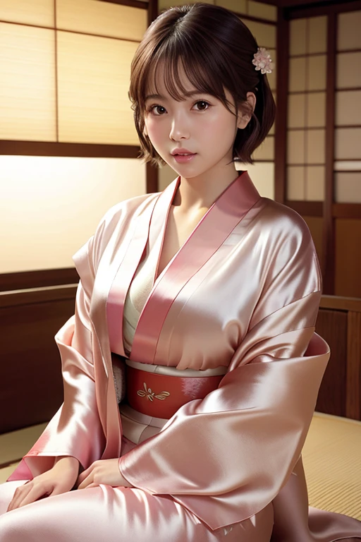 Highest quality, Face Focus, Soft Light, (Written boundary depth) ,Ultra-high resolution, (Realistic:1.4), RAW Photos, (from before) 1 Japanese girl, alone, cute, (Brown eyes), Beautiful face in every detail, (short_hair ), (Silk kimono:1.4) ,Big Breasts ,Embarrassing ,Bedroom ,night ,Dim lighting ,Keep your eyes down ,Sleeping on a futon ,night伽 ,Pink Cheeks 、Pink nipples