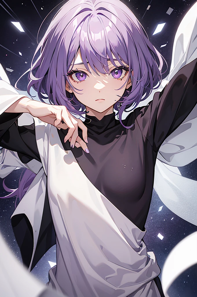 An anime girl with matte dark purple hair, LIGHT GRAY almost white eyes, a layered haircut that has bangs that cover his left eye completely, who has a mole above his lip and another mole below his eye. Who wears a short black top. (the background is a purple gamer room)