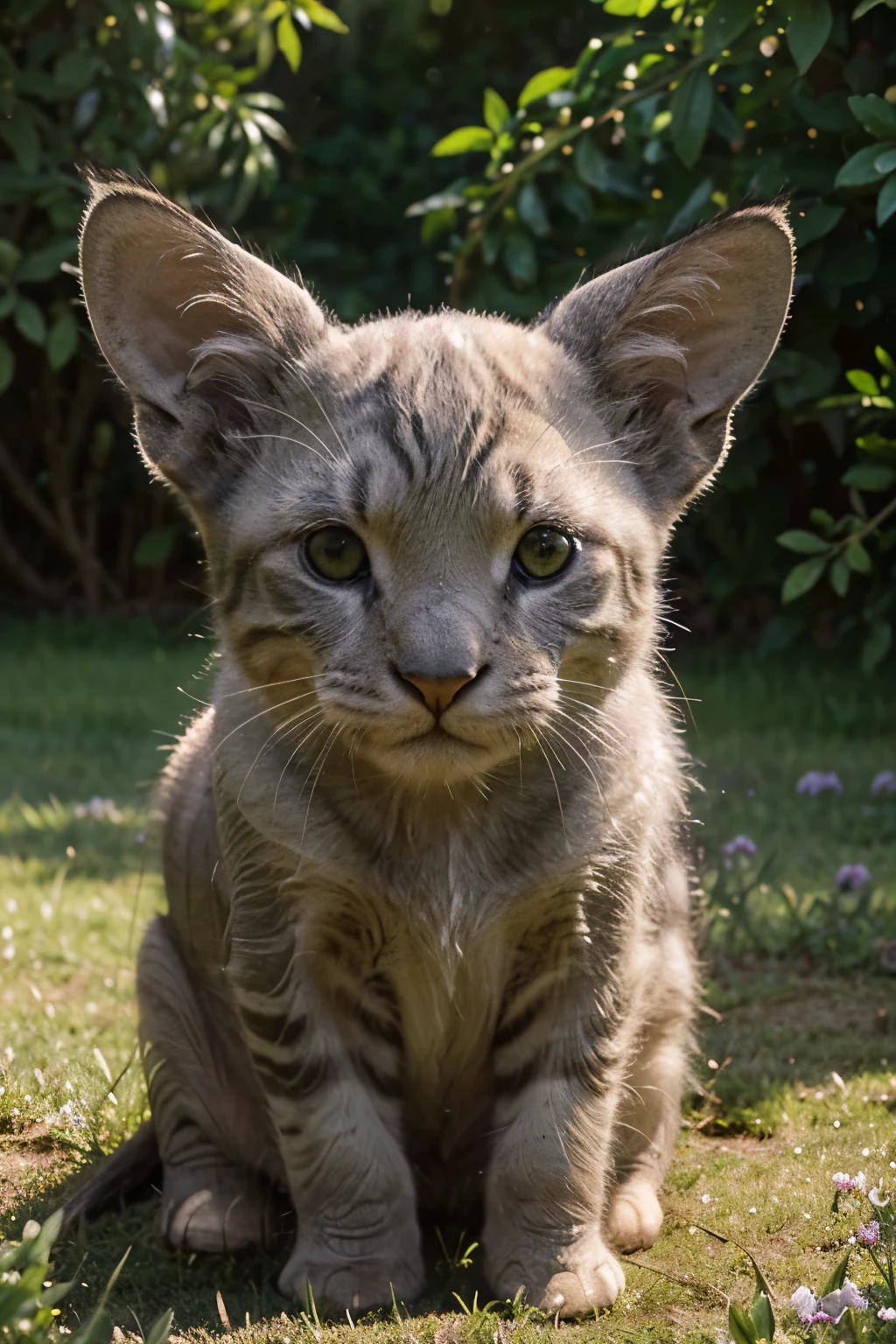 A majestic elephant with a gentle expression, its large ears and curved tusks drawn in soft, rounded lines, standing in a lush green meadow, its wrinkled grey skin glistening in the warm sunlight, Looking down curiously at a tiny tri-coloured kitten sitting on the soft grass. The kitten's large eyes with long eyelashes are carefully drawn, it is surrounded by vibrant green foliage and delicate flowers, the overall atmosphere is calm and idyllic, with soft, feathery textures and subtle shadows evoking a sense of wonder and friendship.