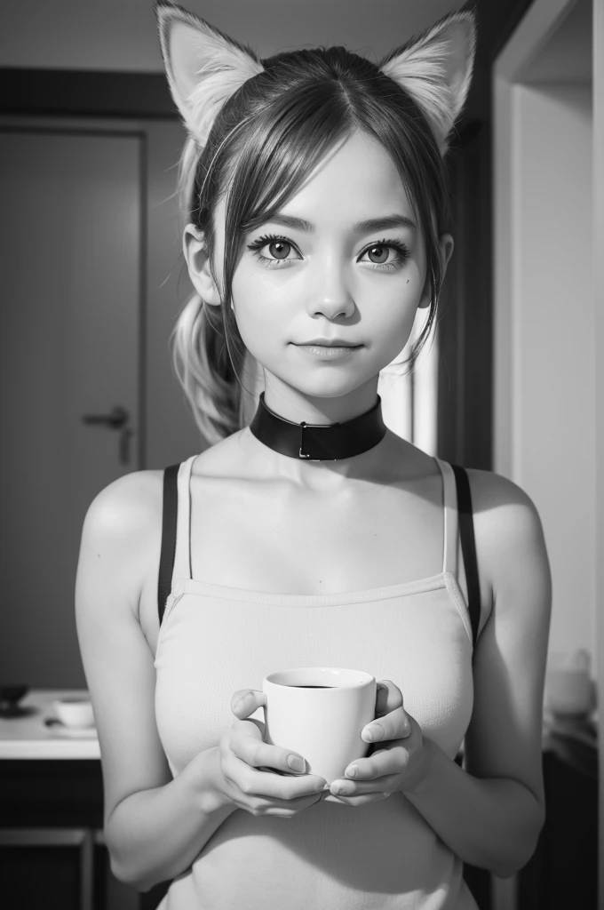 is holding a coffee cup high resolution, ashleygraves, 1 girl, standing alone, eyes wide open, pink eyes, low ponytail, white outline, monochrome, choker, Inside the house, ssmile, eyes locked, <3, Cat's ears, close up, upthumb, one hand, spoken heart