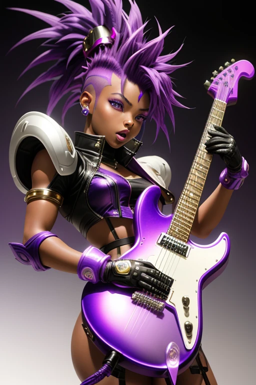 Saint Seiya,1 African American girl,purple Mohawk,Gradient,Gradient background,solo,1 girl,bow,Gloves,purple Mohawk,Fantastic girl,solo , electric guitar in hand, Rockstar, singing into a mic.