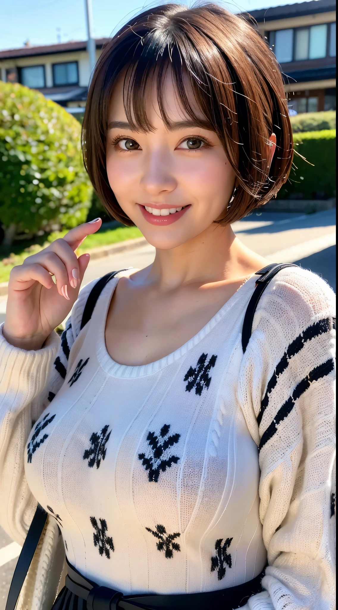 (top-quality,8K picture quality,masterpiece:1.3,),(超A high resolution,Photorealsitic:1.4,Raw photography),(ultra-detailliert,Caustics,perfect anatomia),(Ultra-realistic capture,Beautifully detailed skin),Stand in front of the school gate,18year old,kawaii,A dark-haired,a short bob,Single eyelid,A smile,(large boob),White bra,School Uniforms,Dark Red Muffler,Black thick tights,Looking at the camera,soft sunlight,randome pose