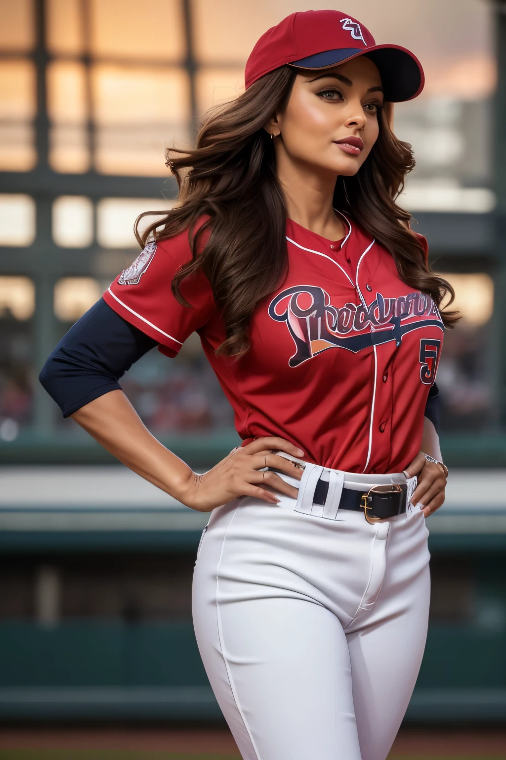 50YO MATURE MILF AISHWARYA RAI, age 50 MILF, wavy hair in the wind. she's a men magazine model, She has a subtle smile and flirts with the camera, (she wears a RED baseball uniform with full length pants and reverse baseball cap:1.2), (she is a pitcher standing on the pitchers mound:1.3), background baseball stadium, large crowd, sundown lighting, perfect eyes, perfect hands, perfect MATURE MILF body, perfect hair, perfect breasts, perfect hourglass figure, hair behind ear, UHD, retina, masterpiece, accurate, anatomically correct, textured skin, super detail, high details, high quality, award winning, best quality, highres, 16k, 8k, (full bodyshot:1.1), (full length photo:1.15),