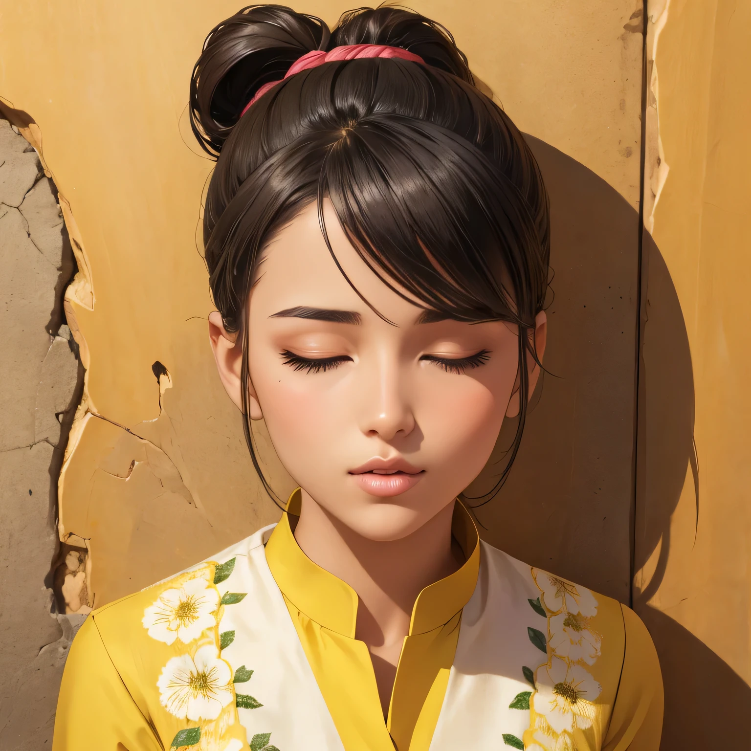 Amazing portrait of a sexy woman with her hair tied back in a low ponytail as she gazes at us seductively with her perfect lips parted for a kiss as she's pinned against the wall wearing a yellow kurta with floral embroidery
