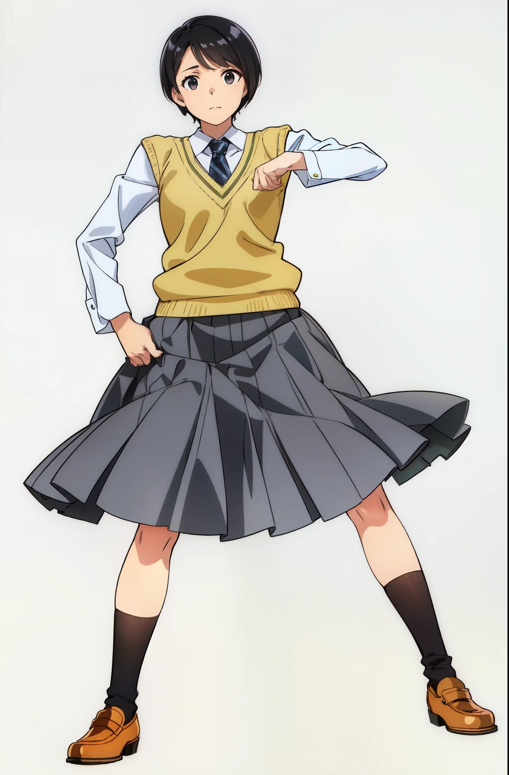 (white background:1.0), (best quality:1.0), (masterpiece:1.0), (super fine illustration:1.0), (beautiful artwork:1.0), (anime screencap:1.0), (official art:1.0), (solo:1.0), (a 18yo cute girl:1.0), (long skirt:1.0), (gray skirt:1.0), (pleated skirt:1.0), (khaki knit vest:1.0), (white long sleeve collared shirt:1.0), (dark blue necktie:1.0), (loafers:1.0), (black socks:1.0), (ideal ratio body proportions:1.0), (lanky:1.0), (tall:1.0), (slender:1.0), (small breasts:1.0), (smaller face:1.0), (freckles:1.0), (detailed beautiful eyes:1.0), (detailed beautiful face:1.0), (glowing black eyes:1.0), (very short hair:1.0), (swept bangs:1.0), (black hair:1.0), (standing:1.0), (looking at viewer:1.0)