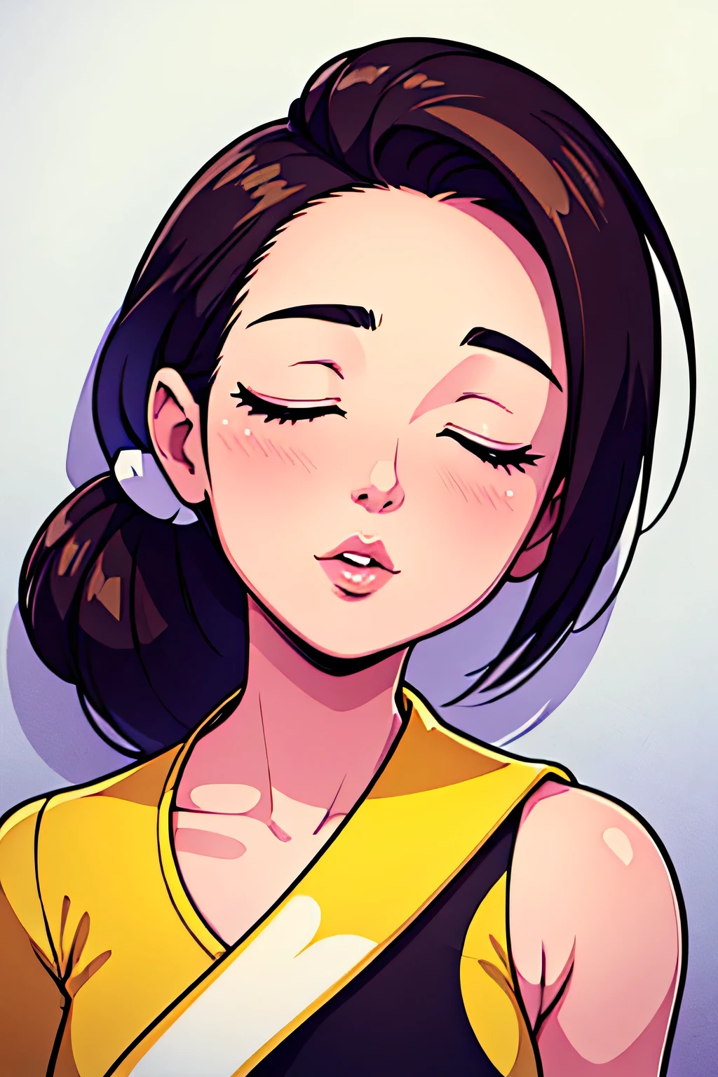 Amazing portrait of a sexy woman with her hair tied back in a low ponytail as she gazes at us seductively with her perfect lips parted for a kiss as she's pinned against the wall wearing a yellow kurta with floral embroidery