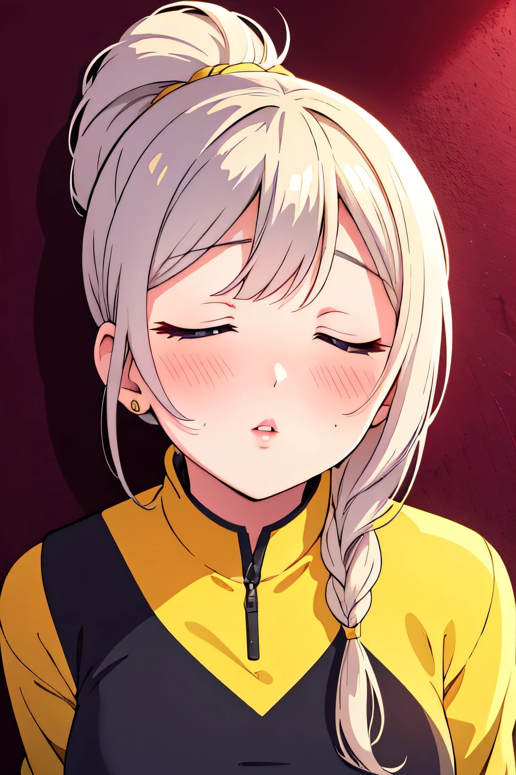 Amazing portrait of a sexy woman with her hair tied back in a low ponytail as she gazes at us seductively with her perfect lips parted for a kiss as she's pinned against the wall wearing a yellow kurta with floral embroidery