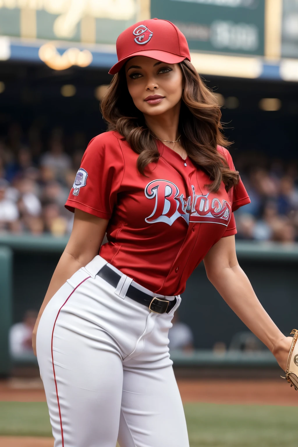 50YO MATURE MILF AISHWARYA RAI, age 50 MILF, wavy hair in the wind. she's a men magazine model, She has a subtle smile and flirts with the camera, (she wears a RED baseball uniform with full length pants and reverse baseball cap:1.2), (she is a pitcher standing on the pitchers mound:1.3), background baseball stadium, large crowd, sundown lighting, perfect eyes, perfect hands, perfect MATURE MILF body, perfect hair, perfect , perfect hourglass figure, hair behind ear, UHD, retina, masterpiece, accurate, anatomically correct, textured skin, super detail, high details, high quality, award winning, best quality, highres, 16k, 8k, (full bodyshot:1.1), (full length photo:1.15),