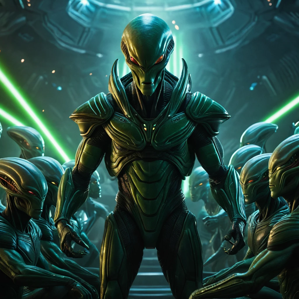 An alien king giving instructions to his army of aliens, sci-fi, extraterrestrial, spaceship, invasion, futuristic, dramatic lighting, cinematic, highly detailed, 8k, photorealistic, concept art style, dim lighting, dramatic poses, extreme detail, dynamic compositing, digital painting